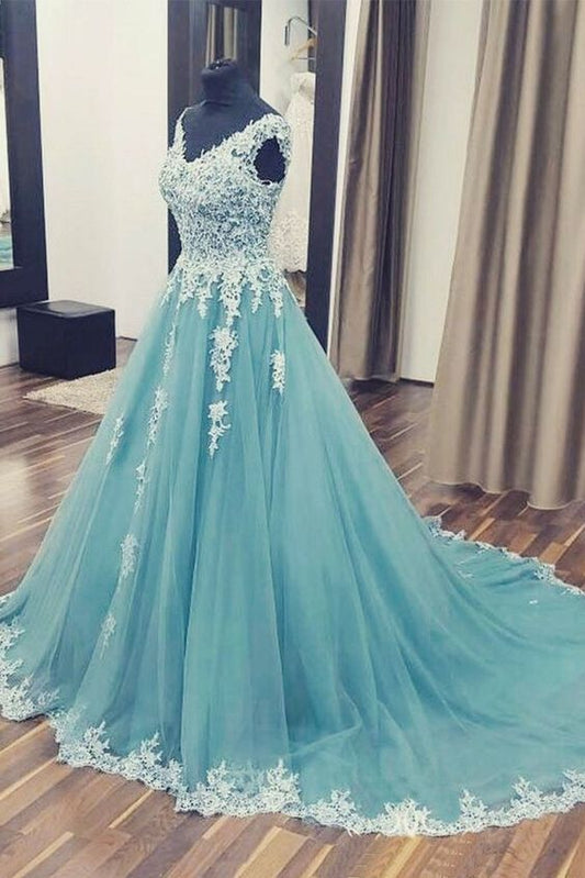 Appliques Tulle Prom Dress, Sexy Sleeveless Prom Dresses, Long Ball Gowns   cg11738