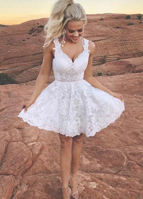 Cute V Neck Short White Lace Homecoming Dress   cg11741