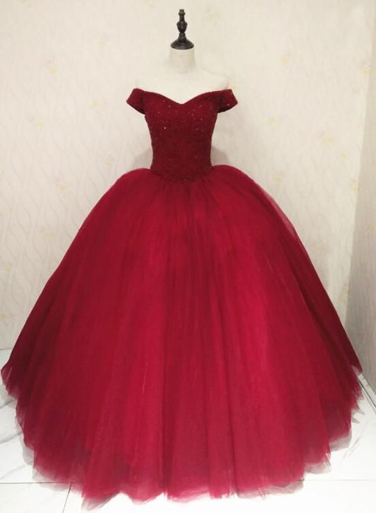 Beautiful Wine Red Off Shoulder Sweet 16 Gowns, Party Dresses 2021, Sparkle Formal prom Dress   cg11742