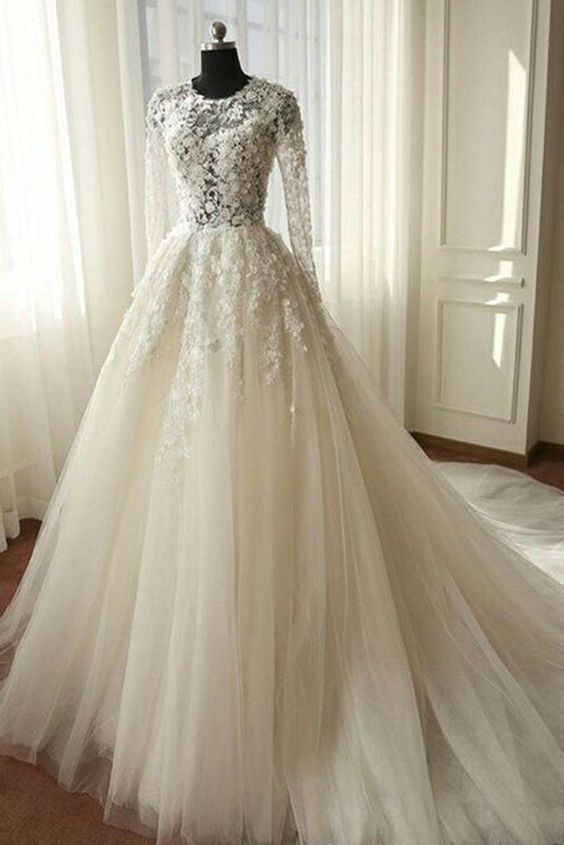 White organza lace long sleeves see-through A-line long dresses,wedding dresses Prom Dresses   cg11748