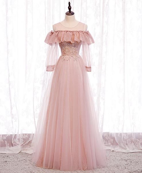 Pink round neck tulle lace long prom dress pink lace evening dress   cg11749