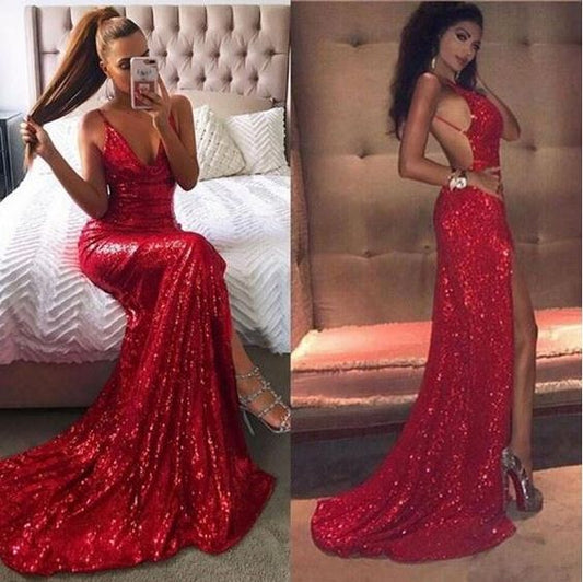 Sexy Red Sequins Evening Dress With Slit Backless Prom Dress   cg11751