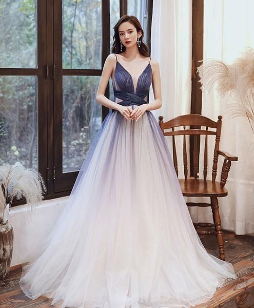 Blue v neck tulle long prom dress blue tulle evening dress   cg11752