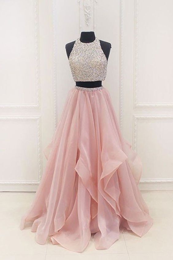 Pink Chiffon Tiered Two Pieces Sequins A-line Beaded Long Evening Dresses,graduation prom Dresses   cg11757