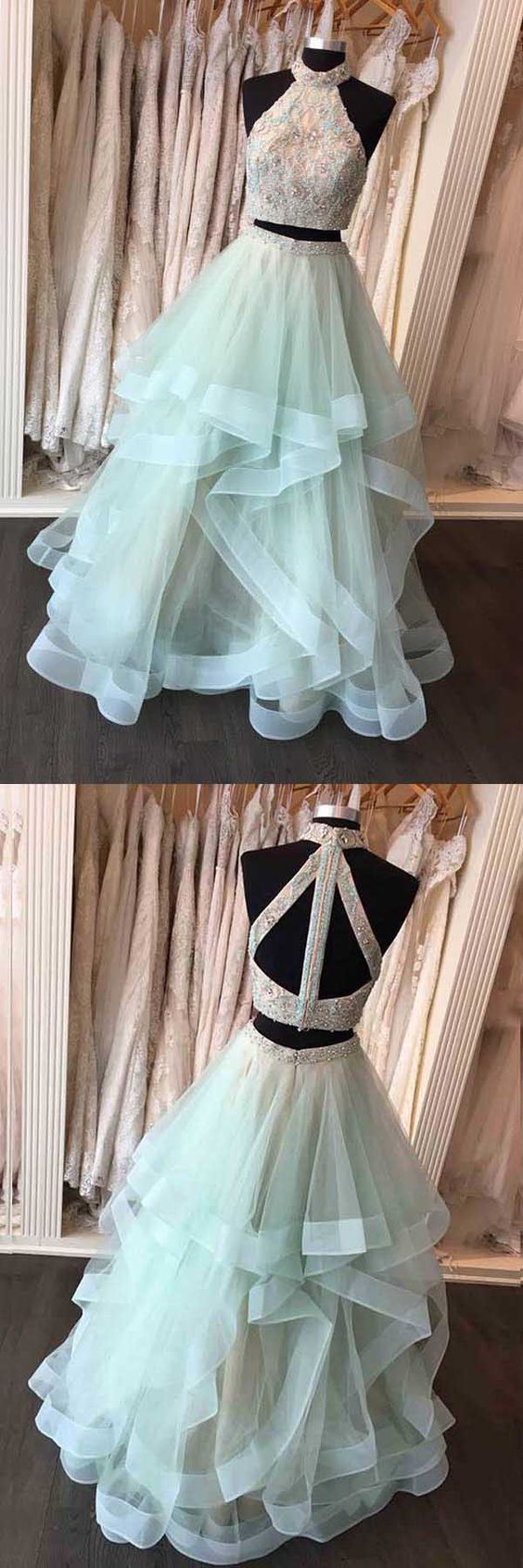 Two Piece High Neck Floor-Length Open Back Mint Organza Prom Dress   cg11760