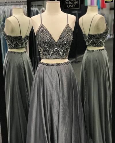 Two Pieces V-Neck Beaded A-line Long Gray Prom Dress    cg11772