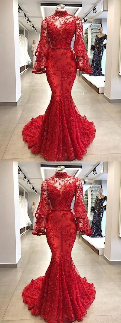 Long Sleeve High-Neck Long Red Prom Dresses   cg11773