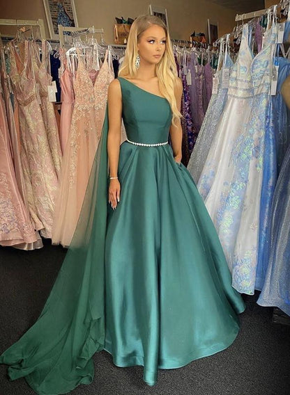 Green satin one shoulder prom dress evening dress   cg11774