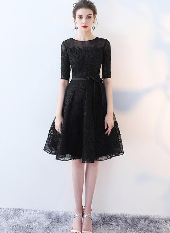 Cute Black Lace Short Sleeves Party Dress, Black Lace Homecoming Dress   cg11776