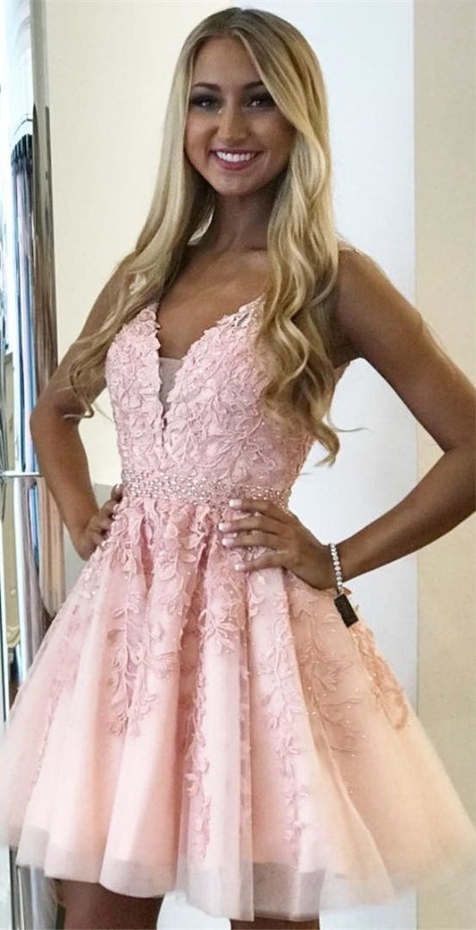 A-Line V-neck Above-Knee Pink Homecoming Dress  cg1178