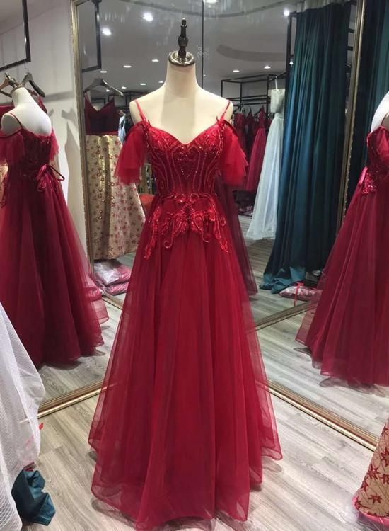 Long Prom Dresses Charming Wine Red Straps Off Shoulder Party Gown, Pretty Formal Dresses   cg11787