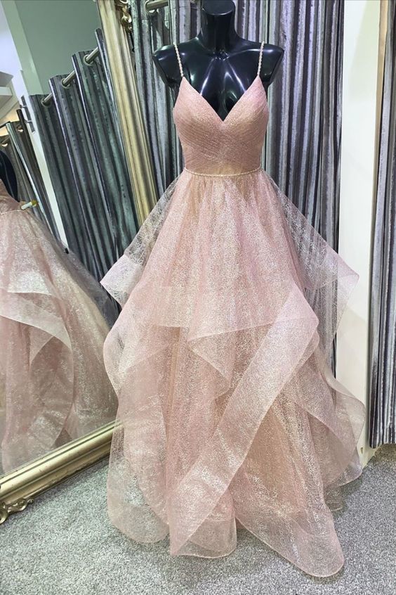 Rose Gold Ruffled Long Prom Dress with Pleated Bodice    cg11801