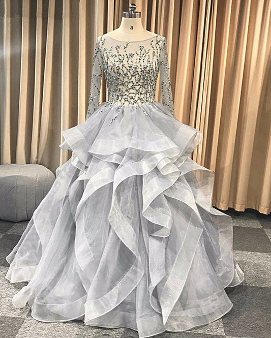 Gray Tulle Open Back Beaded Long Sleeve Ruffles Formal prom Gown, Evening Dress    cg11803