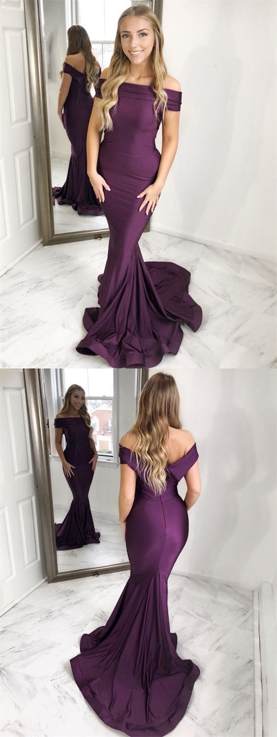 Mermaid Off-the-Shoulder Sweep Train Grape Prom Dress With Ruched   cg11817