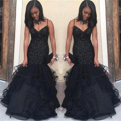 Black V-neck Spaghetti Prom Dresses | Sequins Ruffles Evening Gowns   cg11818