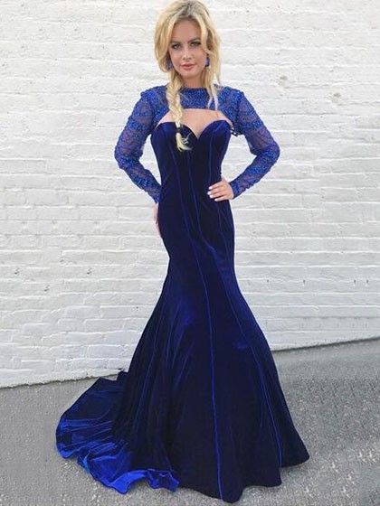 Trumpet/Mermaid High Neck Velvet Sweep Train Beading Prom Dresses   cg11826