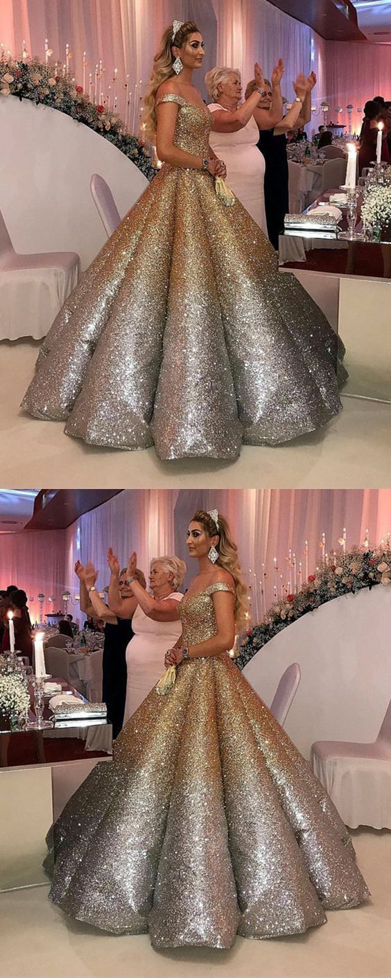 Gorgeous V neck Sequins Gold Formal Quinceanera Dress, Ball Gown Wedding Dress Prom Dress   cg11842