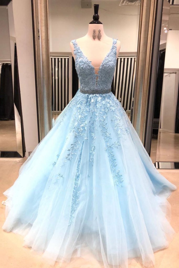 Light Sky Blue Ball Gown Long Prom Dress   cg11843