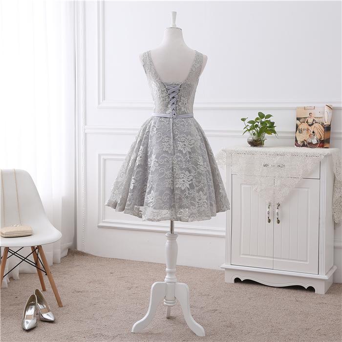 Cute Short Grey Lace Briesmaid Dress, Knee Length Homecoming Dress    cg11848