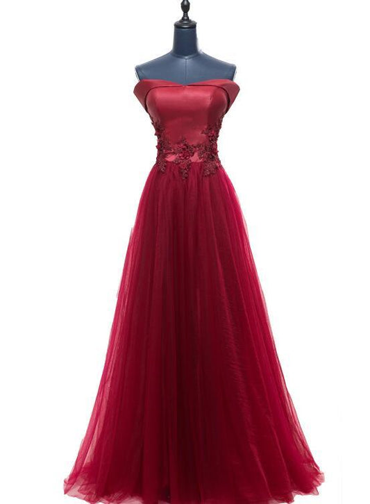 Fashionable Dark Red Off Shoulder Style Long Prom Dress, A-Line Evening Gown   cg11850