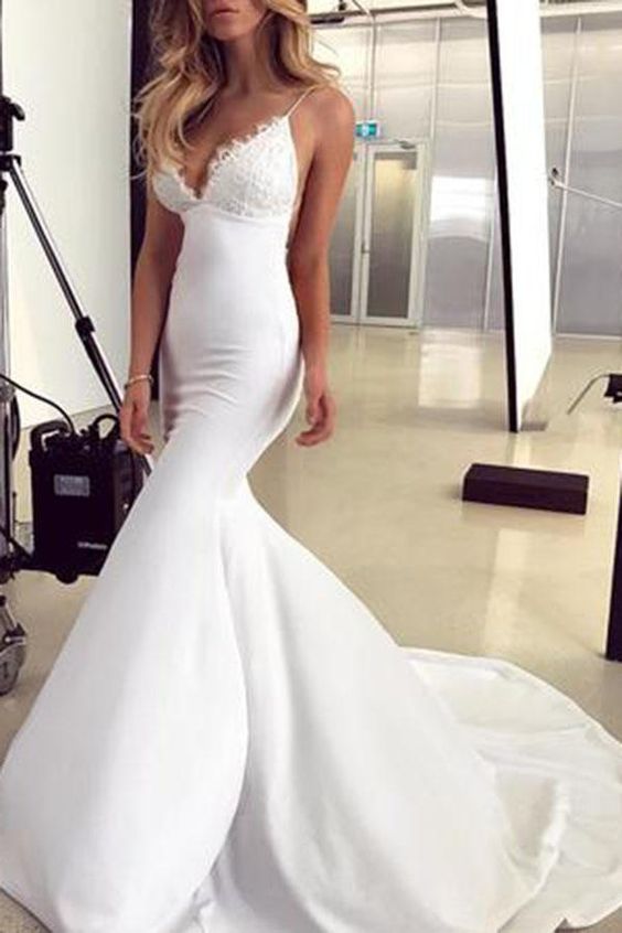 Elegant Lace Appliques V-Neck Backless White Sweetheart Spaghetti Straps Mermaid Wedding Dress Prom Dresses   cg11876