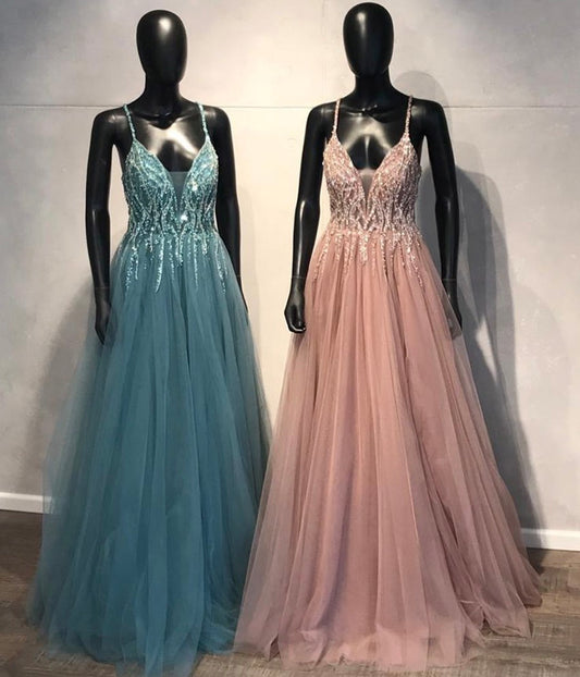 A LINE V NECK TULLE BEADS PROM DRESS FORMAL DRESS   cg11900