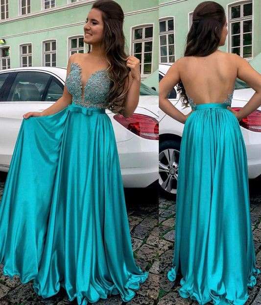 BLUE SATIN LACE LONG PROM DRESS EVENING DRESS    cg11901