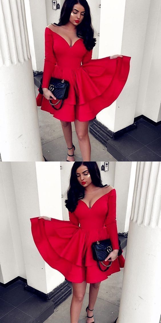 Red Long Sleeve Ruffled Homecoming Dress   cg11902