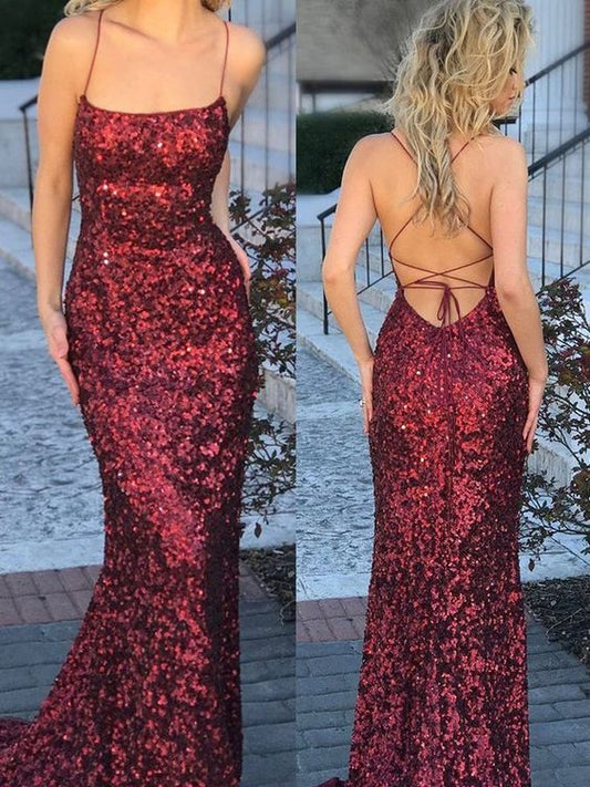 Trumpet/Mermaid Sleeveless Spaghetti Straps Sweep/Brush Train Sequins Dresses - Prom Dresses    cg11908