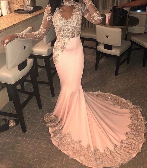 Long Sleeve Pink Mermaid Prom Dress Lace Appliques Beaded High Neck Formal Evening Dresses Party Gowns    cg11913