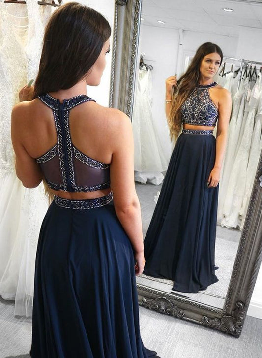 Dark Navy Two Pieces Long Prom Dresses with Beaded Bodice    cg11923