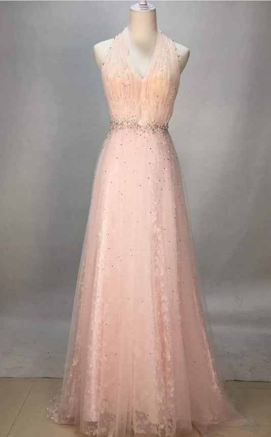 Sexy Pink Halte Neck Sleeveless Beaded Chiffon Long Prom Dress    cg11927