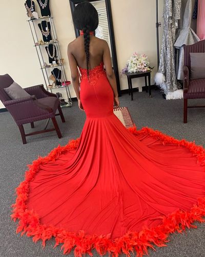 high neck mermaid red long prom dress with train    cg11942