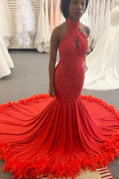 high neck mermaid red long prom dress with train    cg11942