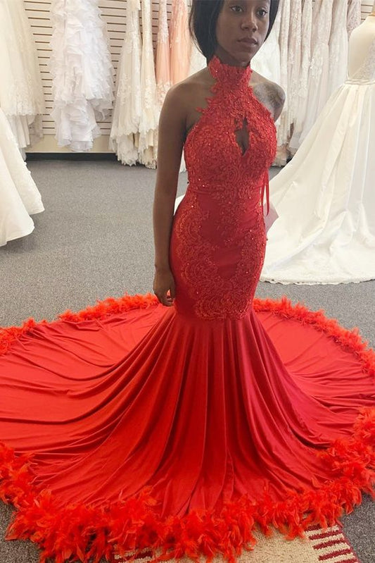 high neck mermaid red long prom dress with train    cg11942