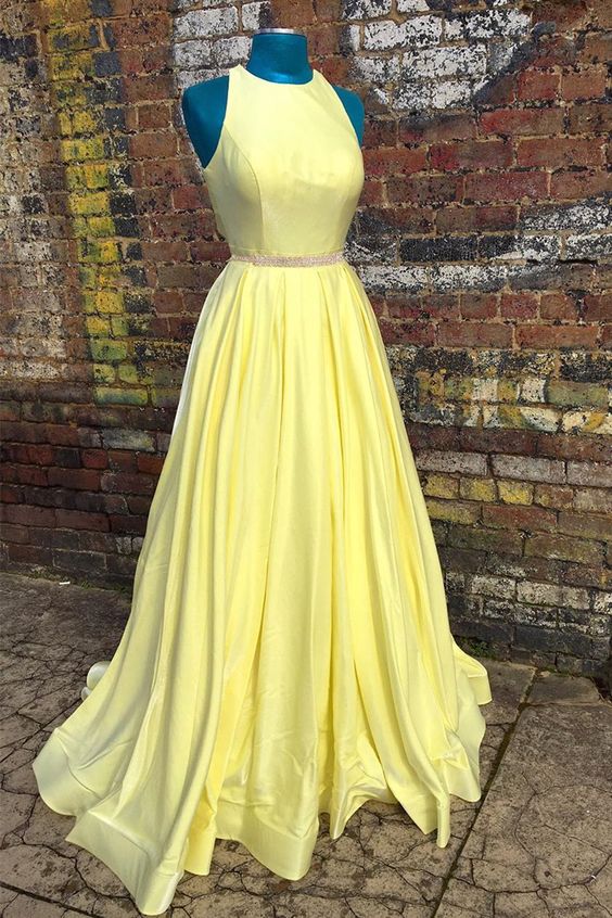 modest satin yellow long prom dress with beaded sash    cg11943