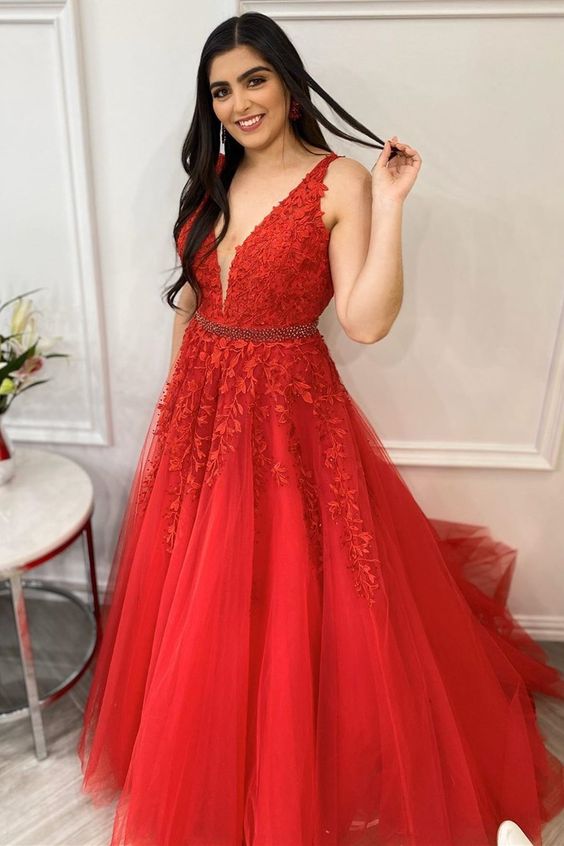 v neck red long prom dress with lace appliques and beaded sash   cg11950