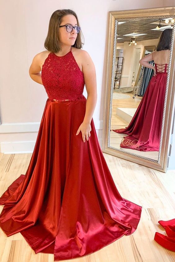 Red Halter Two Piece Red Long Prom Dress   cg11951