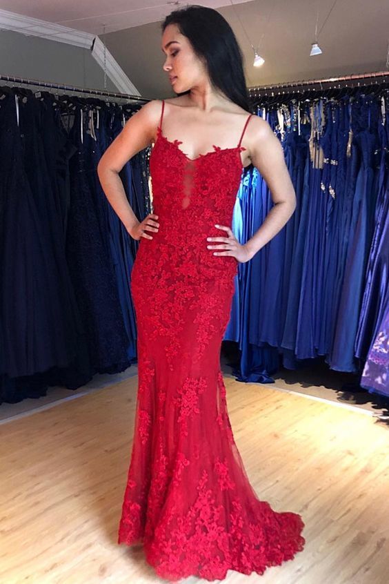 Spaghetti Straps Mermaid Red Long Formal prom Dress    cg11952