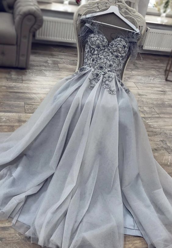 Gray tulle lace long prom dress evening dress   cg11963
