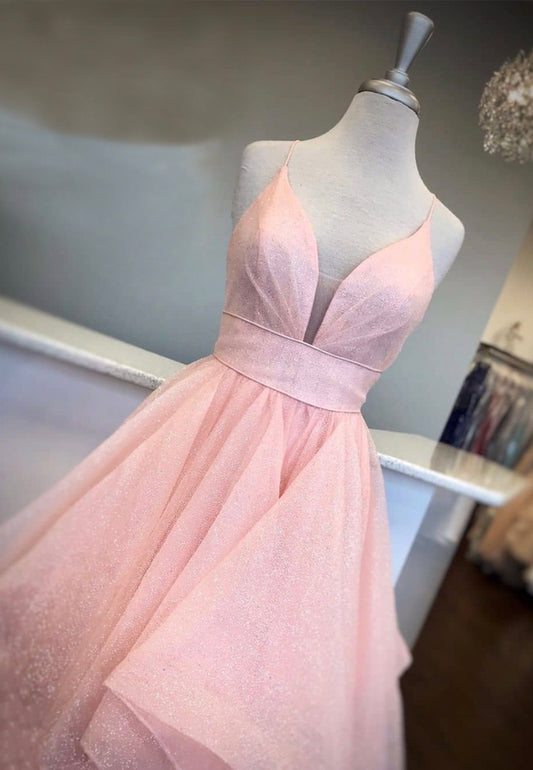 Pink v neck tulle long prom dress evening dress    cg11969