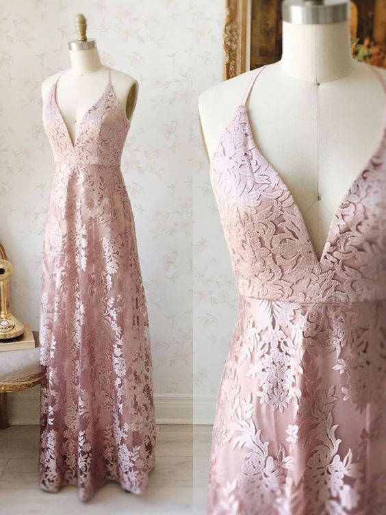 A Line V Neck Pink Lace Long Prom Dresses, Pink Lace Formal Dresses, Pink Evening Dresses   cg11970