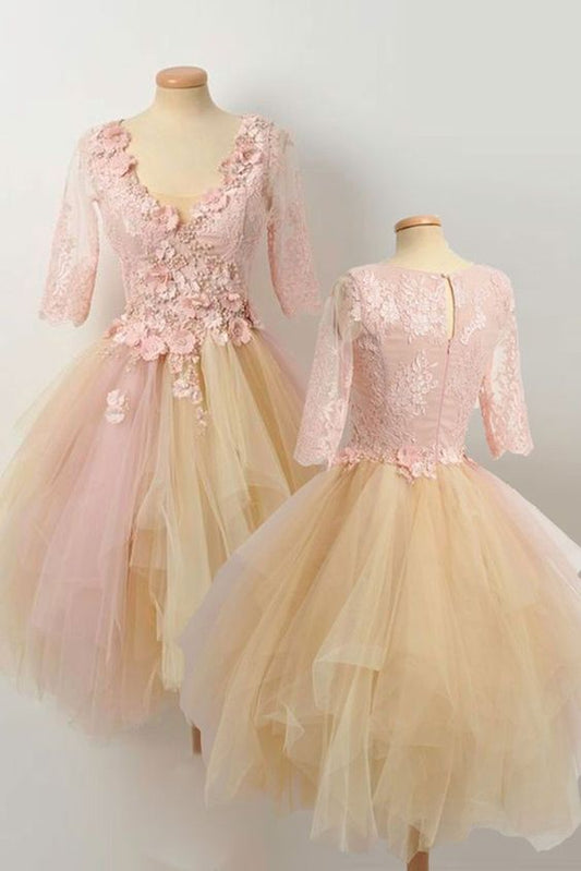 CHAMPAGNE LACE TULLE DRESS, CUTE HOMECOMING DRESS   cg11975