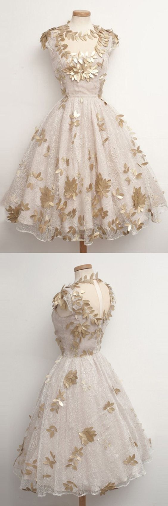 Glamorous Tea Length Cap Sleeves Ivory Homecoming Dress with Gold Pattern   cg11983