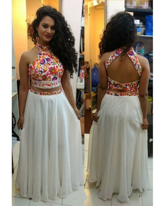 Two Piece High Neck Embroidery White Long Prom Dress    cg12009