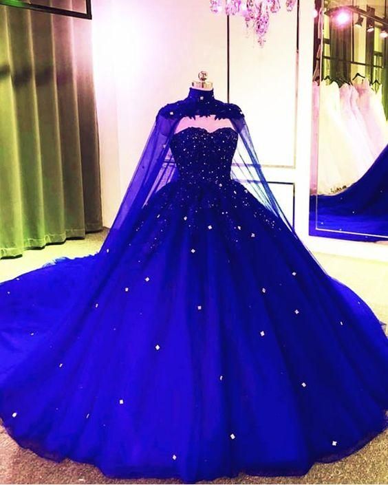 Royal Blue Tulle Ball Gown Prom Dress With Cape    cg12020