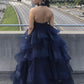 Blue lace halter neck prom dress formal dress   cg12021