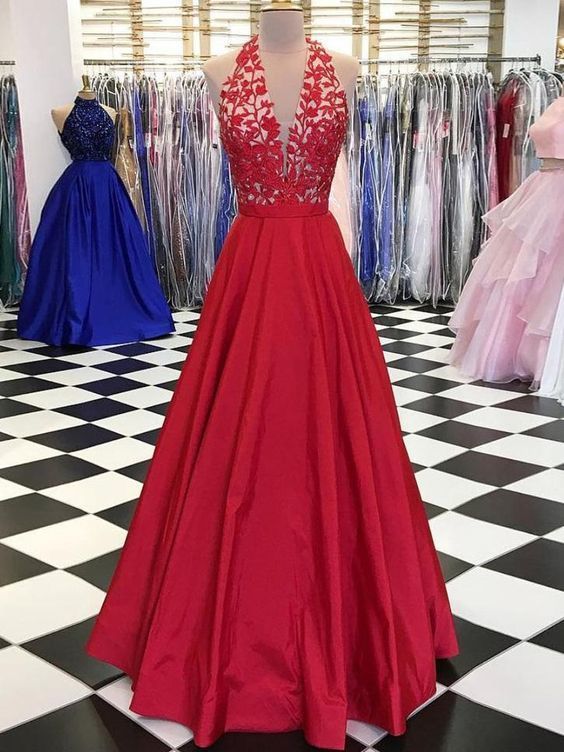 Red Prom Dress A-line Halter Applique Long Prom Dresses   cg12025