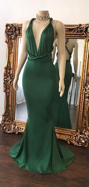 Sexy Green Prom Dresses Halter V-Neck Crisscross Back Mermaid Evening Gowns    cg12028