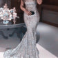 Shiny Royal Blue Sequin Mermaid Strapless Long Prom Dress Formal Evening Dresses    cg12044